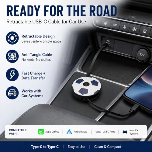 Retractable USB C to USB C Cable, 132W Fast Charging Cable with Soccer Ball Design, 3-in-1 Adult Spinner & Phone Stand, 3.3FT Type C Cable for iPhone 15 16 17, Samsung Galaxy, Pixel, CarPlay