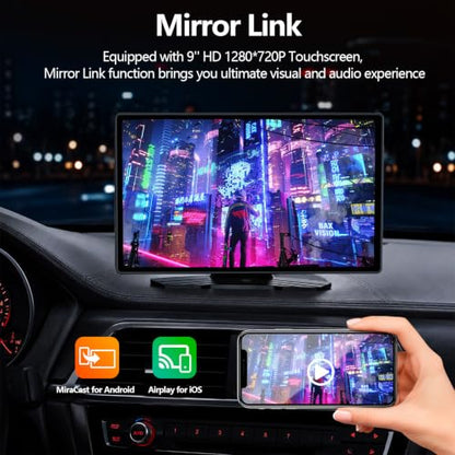 9" Wireless CarPlay Screen with Apple Car Play & Android Auto for Car, OTA Updates, Backup Camera, Bluetooth 5.0, Mirror Link, Voice Control, GPS Navigation, FM, AUX