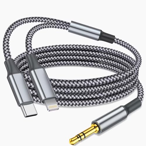 Aux Audio Cable for iPhone, 2 in 1 USB C to 3.5mm Aux Audio Lightning to 3.5mm Audio Cable Fit with iPhone 17 16 15 Plus/14/13/12/11/XR, Galaxy S24/S23/S22, Pixel 8/7/6, iPad to Car Stereo Speaker 4FT - color: Grey