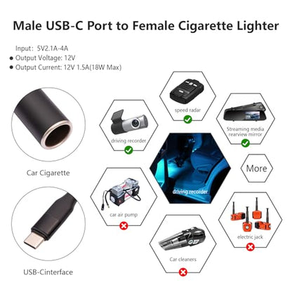 USB C Male to 12V Car Cigarette Lighter Socket Female Converter Cable 1 Feet,18W USB C to Cigarette Lighter Adapter for Dash Cam, GPS