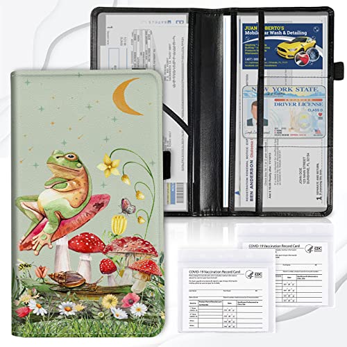 Car Registration and Insurance Card Holder, Premium PU Leather Vehicle Wallet Cover for Glove Box Car Organizer Drivers License / Cards / ID Essentials Document Holder, Aesthetic Mushroom Frog Green - color: Aesthetic Mushroom Frog Green