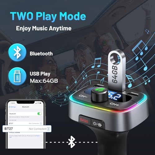 Bluetooth 5.4 Car Adapter 60W Charging USB Bluetooth Adapter for Car,Wireless Fm Transmitter Radio,Handsfree Calling and Audio Receiver,HiFi Music Player,7 Colors LED Backlit - color: Colorful-60W