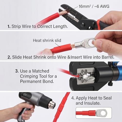 10PCS 6 Gauge Wire Connectors with Heat Shrink Tubing, Battery Terminal Ends, Tinned Copper Ring Terminals for 6 AWG - for Automotive, RV, Solar & Outdoor Power Equipment(SC16-8) - size: SC16-8