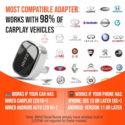 LEENK Wireless CarPlay & Android Auto Adapter [2025 Upgrade], Aero-Aluminum Body & 2.5D Glass | Sleek Plug & Play | Dual-Band 5GHz | 98% Compatibility with Wired CarPlay & Android Auto (Black)