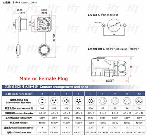 HangTon LP20 3 Pin Aviation Circular Connector Quick Disconnect 30 Amp Power Bulkhead Male Cable Plug Female Panel Socket (Rear-nut Mount) - color: Rear mount, size: 3-pin