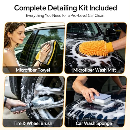 7 in 1 Car Wash Kit with 20L Folding Bucket & Brush, Extendable Car Wash Brush with 40.5" Long Handle, 15° Curved Aluminum Pole, Scratch-Free Microfiber Chenille Mop for SUV Truck RV, Yellow - color: Yellow