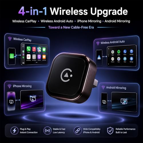 4-in-1 Wireless CarPlay Adapter, Screen Mirroring Adapter for Car to Play TV & Movies, Convert Factory Wired to Wireless CarPlay & Android Auto, Plug & Play Car Screen Movie Player Device - size: Small