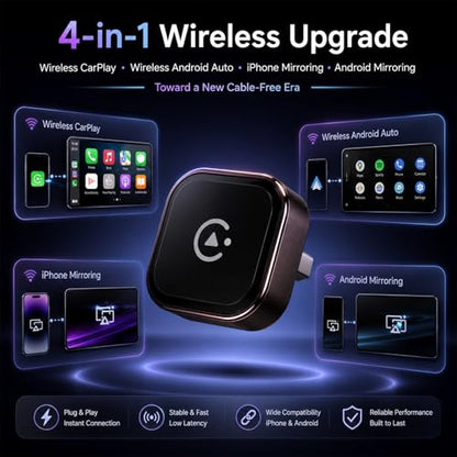 4-in-1 Wireless CarPlay Adapter, Screen Mirroring Adapter for Car to Play TV & Movies, Convert Factory Wired to Wireless CarPlay & Android Auto, Plug & Play Car Screen Movie Player Device - size: Small