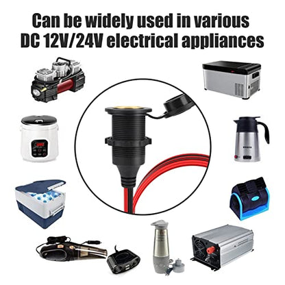 2pcs 1FT 12V/24V Fixed Thread Cigarette Lighter Socket Extension Cable Automotive Marine Waterproof Outlet Socket Replacement 13AWG Heavy Duty Cable with Spare Fuse 20A 30A - color: 1FT 2PCS