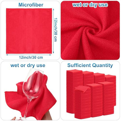 Tenare 100 Pack 12'' x 12'' Microfiber Cleaning Cloths Reusable Cleaning Rags Bulk Microfiber Towels Softer Highly Absorbent Washcloths for House Kitchen Car Window(Red) - color: Red