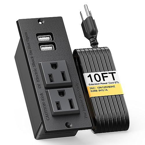 Kungfuking Desktop Power Grommet Conference Recessed Power Strip in Desk Outlet Power Socket 2-Socket &2-USB Ports 9.85 FT Extension Power Cord, ETL Listed - color: Black