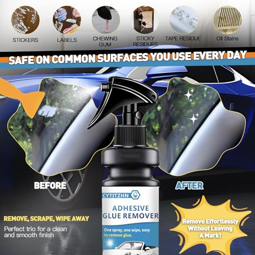 Adhesive Remover, Sticker and Decal Remover Spray, Quickly Removes Glue, Labels and Tape Residue, Safe for Car Paint and Glass, Includes Scraper and Towel, Portable Size-3.4oz/100ml