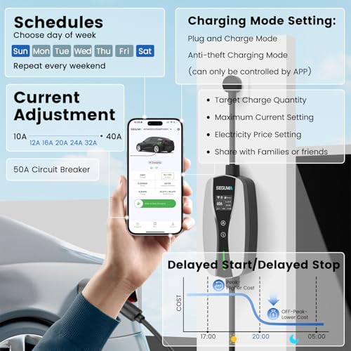 SEGUMA Level 2 EV Charger, 40A Wi-Fi/App ETL Certified for J1772 BEVs/PHEVs - color: Silver