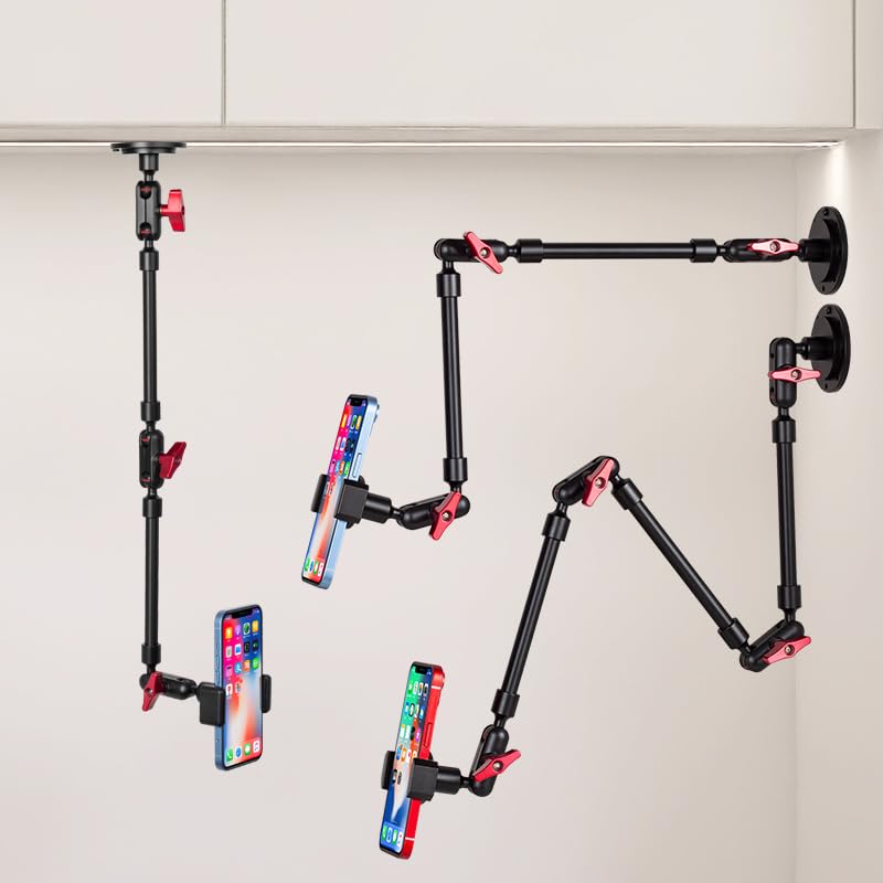 Wall Mounted Phone Holder Magic Arm 360° Rotation Adjustable Metal Base Screw in Wall Sturdy for Kitchen Bedroom Home 32 Inch ABS Phone Clip - size: Metal base + 32in magic arm + phone clip