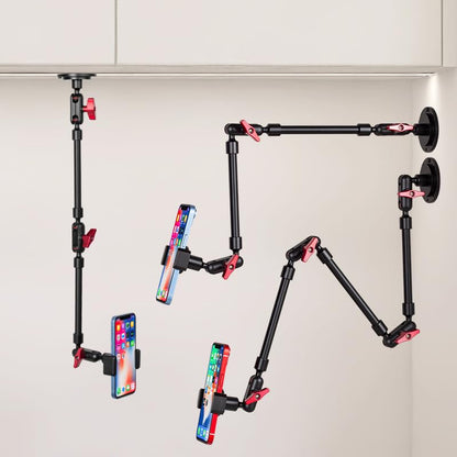 Wall Mounted Phone Holder Magic Arm 360° Rotation Adjustable Metal Base Screw in Wall Sturdy for Kitchen Bedroom Home 32 Inch ABS Phone Clip - size: Metal base + 32in magic arm + phone clip