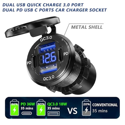 Dual PD USB C Ports & Dual Quick Charge 3.0 Ports Car Charger Socket, VANONE Aluminum Alloy Waterproof 12V USB Outlet, Accessories for Car Boat Marine Motorcycle RV ATV Truck Golf Cart, etc