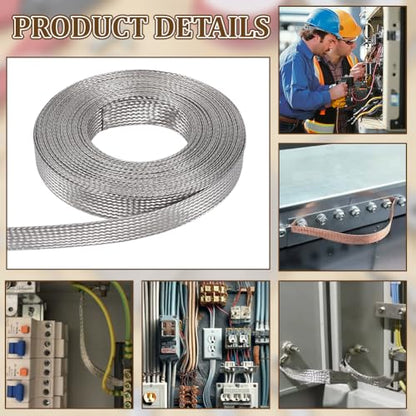 NBEADS 32.8ft 304 Stainless Steel Braided Cable Sleeve, 0.7 Inch Wide Stainless Steel Color Flat Tinned Braided Ground Wire Mesh, Flexible Shielding Sleeve for Cables - size: 32.8ft X 0.7 Inch