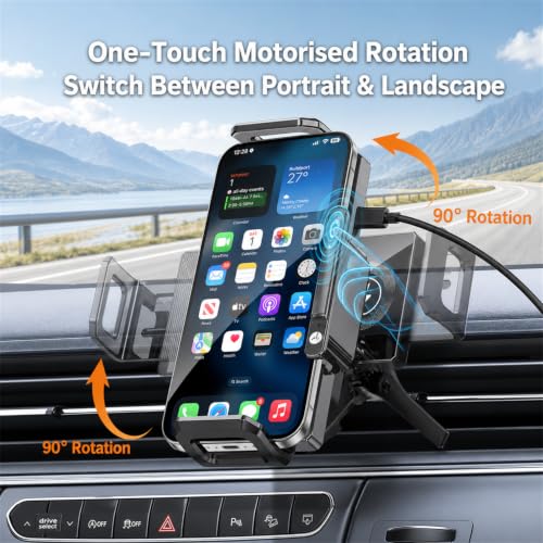 BiLOLLY Wireless Car Charger Phone Holder, 15W Qi Fast Charging, Auto-Clamping Air Vent Car Mount with Motorized 90° Rotation, for Galaxy Z Fold 7/6/5/4/3/2, Pixel 10/9 Pro Fold, iPhone 17/16/15/14