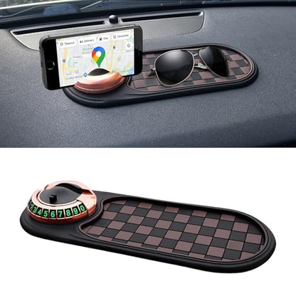 Multifunction Car Anti-Slip Mat, Car Anti Slip Mat Phone Holder, Dashboard Mobile Phone Holder with Temporary Parking Number, Rotatable Dashboard Mat for Sunglasses Keys Gadgets (Brown+Gold) - color: Brown+Gold