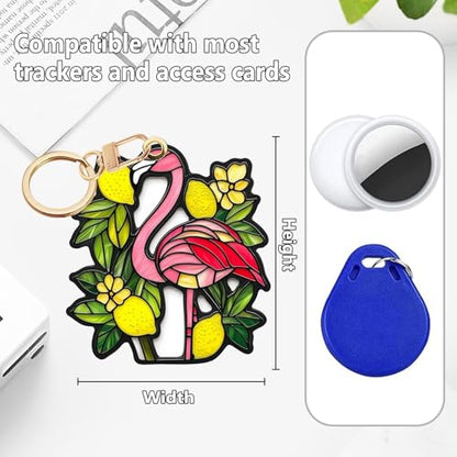 Lemon Flamingo Leather Keychain Case Holder,GPS Tacker With Keychain Ring,Access Card Scratch-Resistant,Finders Accessories For Pets, Luggage, Wallet, Backpacks - color: Lemon Flamingo