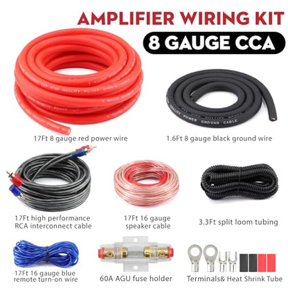 8 Gauge Car Amplifier Wiring Kit, 800W Amp Kit Complete 8 Gauge Car Amplifier Installation Wiring Kit for Car Audio Subwoofer - 8GA GA CCA Red Power Wire, OFC RCA Interconnect Cable, Fuse Holder - size: 8 GAUGE