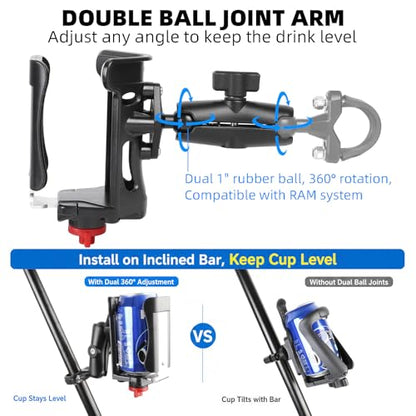 1" Ball Cup Holder with 3.54" Double Socket Arm, Extra Large Adjustable Size Drink Holder for 2.36-3.54" Diameter Bottles, Fits RAM Mounts & Motorcycle/Bike Mount - size: Cup Holder with 3.54" Arm