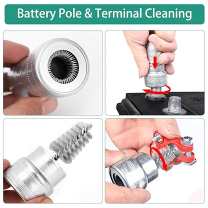 Battery Terminal Cleaner Kit, Battery Terminal Brush & 4 in 1 Copper Tubing Brush & 2pcs Anti-Corrosion Fiber Washers (Black & Red) - color: Silver & BlackRed -7pcs Set