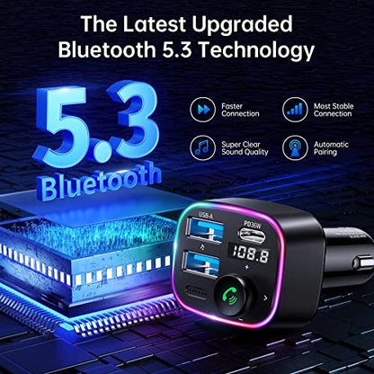 SYNCWIRE Bluetooth 5.3 FM Transmitter Car Adapter 38W [Light Switch] [HiFi Bass Sound] [Fast Charging] Wireless Radio Music Adapter LED Display Hands-Free Calling Support USB Drive - color: Black, style: 38W