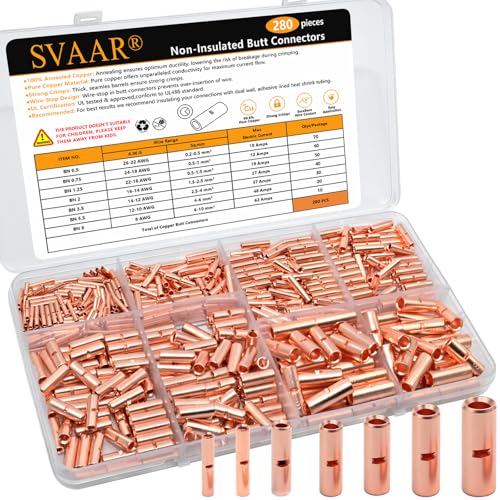 SVAAR 280 PCS Non‑Insulated Butt Connectors Kit, 26‑8 AWG Heavy‑Duty Pure Copper Seamless Barrel Crimp Butt Splices, Uninsulated Wire Repair Splice Terminals for 26‑8 Gauge Wire - color: Non-Insulated Splice - Bare Copper