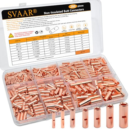 SVAAR 280 PCS Non‑Insulated Butt Connectors Kit, 26‑8 AWG Heavy‑Duty Pure Copper Seamless Barrel Crimp Butt Splices, Uninsulated Wire Repair Splice Terminals for 26‑8 Gauge Wire - color: Non-Insulated Splice - Bare Copper