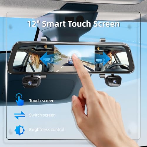 12'' Rear View Mirror Camera,4 Channel Mirror Dash Cam 4K+3x1080P,Dash cam Front Rear Inside Back up Camera,WiFi,GPS,Voice Control,8IR Night Vision,Parking Monitor,Free 64GB SD - size: 4 Channel Dash Cam+64GB
