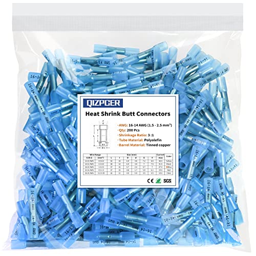 200 Pcs Blue Heat Shrink Butt Connectors, 16-14 AWG Waterproof Electrical Crimp Terminal Splice Wire Connectors for Marine, Automotive, Cable, Wiring - size: 200Pcs 16-14 AWG