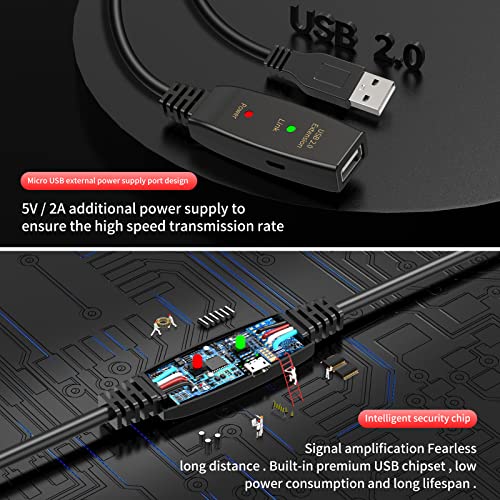 50FT Active USB Extension Cable 2.0 Male to Female with A Extension chipset Signal Booster - Active Extension/Repeate - color: USB 2.0 Extension Cable Black, size: 50FT