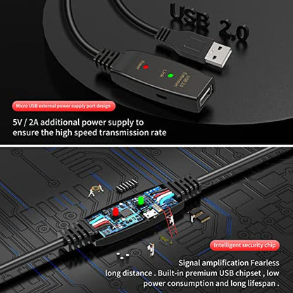 60FT Active USB Extension Cable 2.0 Male to Female with A Extension chipset Signal Booster - Active Extension/Repeate - color: USB 2.0 Extension Cable Black, size: 60FT