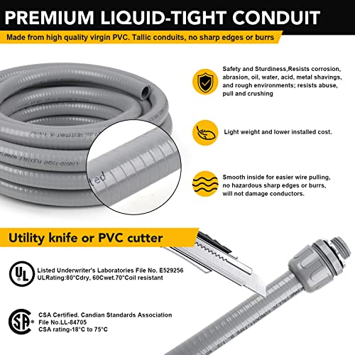 1/2inch 100ft Liquid-Tight Conduit and Connector Kit,Flexible Non-Metallic Liquid Tight Electrical Conduit Kit with 5 Straight and 3 90-Degree Connector Fittings,1/2 in. Dia - size: 1/2inch 100ft