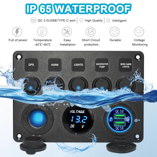 Upgraded 5 Gang Rocker Switch Panel - Dual QC 3.0 USB Charger, Digital Volmeter, 12V Outlet, Pre-Wired with Circuit Breakers for RV/Car/Boat/Truck, 2-Year Warranty (Blue) - color: Blue + Dual QC USB Charger