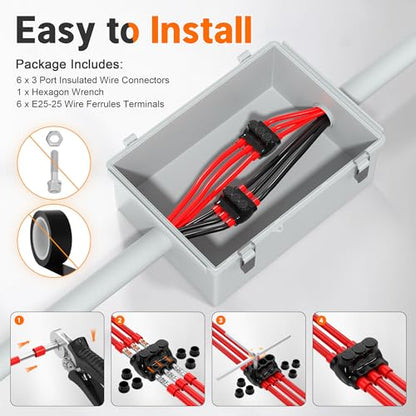 Joinfworld 3 Port Insulated Multi Tap Connector Dual Entry 2-14 AWG Aluminum to Copper Wire Connectors Aluminum Insulated Wire Splice Connectors with Slotted Allen Hex - 6 Pack - size: 2-14 AWG