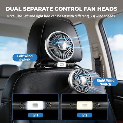 Car Fan for Backseat for Kids, Dual Head 360 Rotatable Cooling Fan with 3-Speed and Reading Light, USB Fan That Blows Cold Air for Car SUV RV Truck without AC, Silver