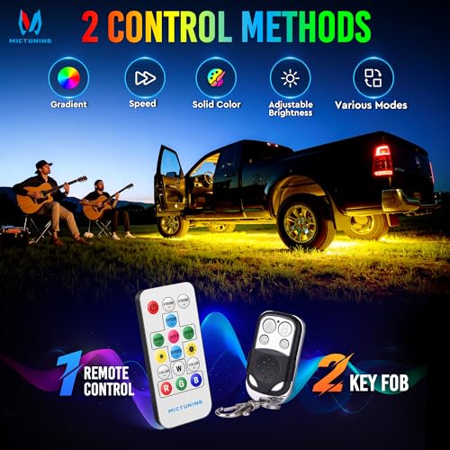 MICTUNING U8 RGB Underglow LED Light Bar, Dual Remote Control, Multicolor Underbody Light Strip with Aluminum Housing, Car SUV Exterior Neon Accent IP68 Waterproof, 8pcs - size: RGB & 2 Remote