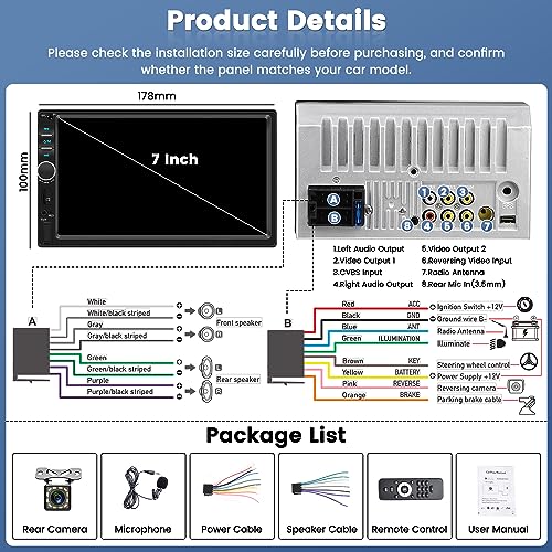 Double Din Car Stereo with Apple CarPlay and Android Auto, 7 Inch HD Touchscreen Car Radio, Bluetooth Car Audio Receivers, Backup Camera, Mirror Link, USB/AUX/TF/FM