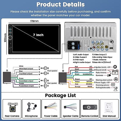 Double Din Car Stereo with Apple CarPlay and Android Auto, 7 Inch HD Touchscreen Car Radio, Bluetooth Car Audio Receivers, Backup Camera, Mirror Link, USB/AUX/TF/FM