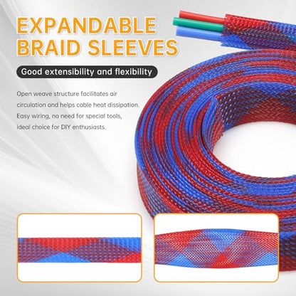 Braided Wire Loom Sleeve - Pet Proof Chew Resistant Cable Wrap, High Density Expandable Cable Sleeving for Automotive Wire Harness & PC Computer Case 16.4ft (Blue Red, 4mm (5/32")) - color: Blue Red, size: 4mm (5/32")