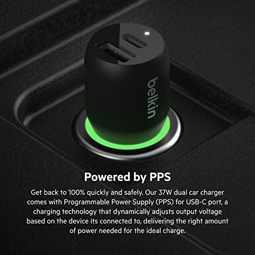 Belkin 37W Dual Port Fast Car Charger with 3.3ft USB-C Cable Included, USB-C 25W PPS Port and USB-A 12W Port for Galaxy S23, S23+, Ultra, Note20, iPhone 14, 13, 12, 11, Pro, Max, Mini and More - size: Pack of 1, style: Dual USB-A & C 37W + USB-C Cable