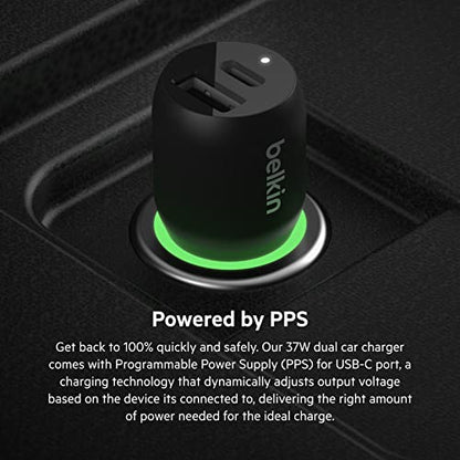 Belkin 37W Dual Port Fast Car Charger with 3.3ft USB-C Cable Included, USB-C 25W PPS Port and USB-A 12W Port for Galaxy S23, S23+, Ultra, Note20, iPhone 14, 13, 12, 11, Pro, Max, Mini and More - size: Pack of 1, style: Dual USB-A & C 37W + USB-C Cable