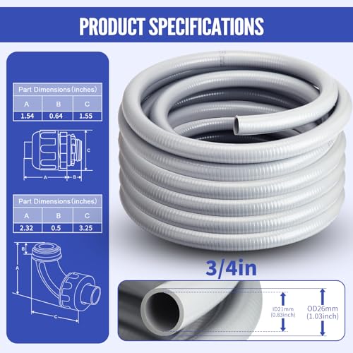 Liquid Tight Conduit 3/4inch 100FT,Flexible Non-Metallic Liquid Tight Flex Electrical Conduit and Connector Kit with 5 Straight and 3 90-Degree Conduit Connector Fittings - size: 3/4inch 100FT