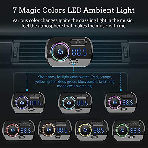 FM Transmitter Bluetooth 5.0 Hands-Free Car Kit with Quick Charge QC 3.0 Car Radio Adapter with Microphone CVC Noise Reduction