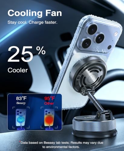 Beeasy 25W Qi2.2 MagSafe Car Mount Charger Built-in Cooling Fan, Upgraded Vacuum Suction Cup 360° Rotation, Magnetic Wireless Car Charger with 63W Adapter for iPhone 17 16 Pro Max Samsung S26 Ultra