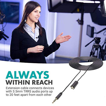 Movo PM10EC6 3.5mm Mic Extension Cord 20 Ft - Male to Female 3.5mm TRRS Microphone Cable - Aux Cord for iPhone, Android TRRS Extension Cable for Lav Mics