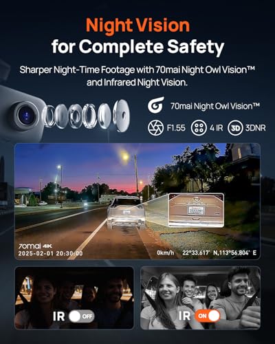 70mai 4K Dash Cam Front and Interior, 4K HDR Dash Camera with F1.55 Aperture, Wi-Fi 6, 24H Parking Surveillance, GPS, Loop Recording, 64GB Card Included, UHD Dashcam for Cars/Taxi/Uber/Lyft - size: T800E-64GB