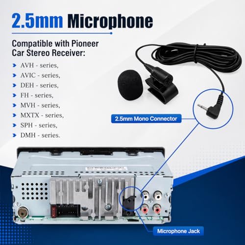 2.5mm Microphone Compatible Replacement for Pioneer DMH-series DMH-160BT DMH-1770NEX DMH-241EX DMH-WT8600NEX Car Stereo Receiver Clip-On External Dash Mic for Hands-Free Calls Voice Control 9FT Cable